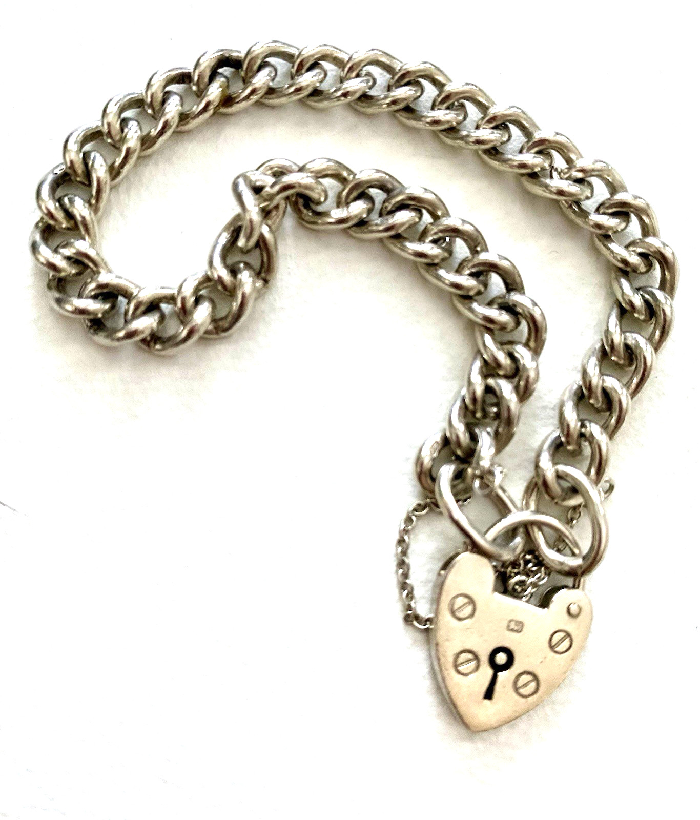Antique England Sterling Silver Charm Bracelet Heart Lock