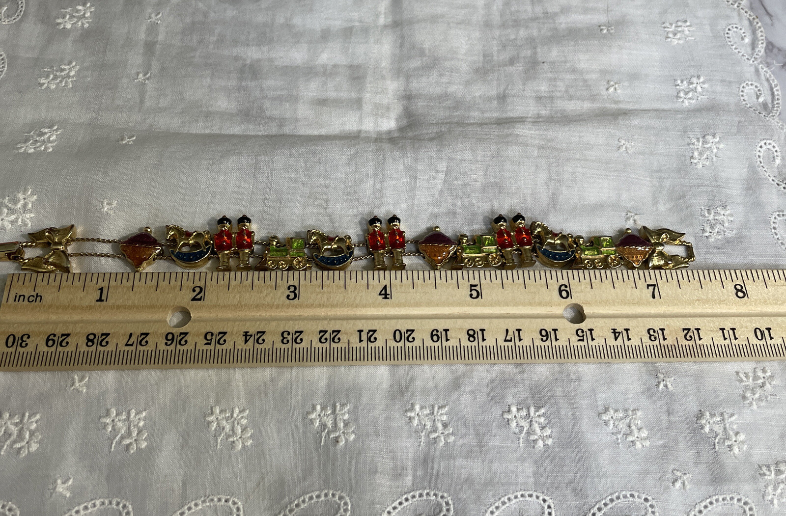 Vintage SP Enamel Christmas Slide Bracelet Train Rocking Horse Soldier YT-50
