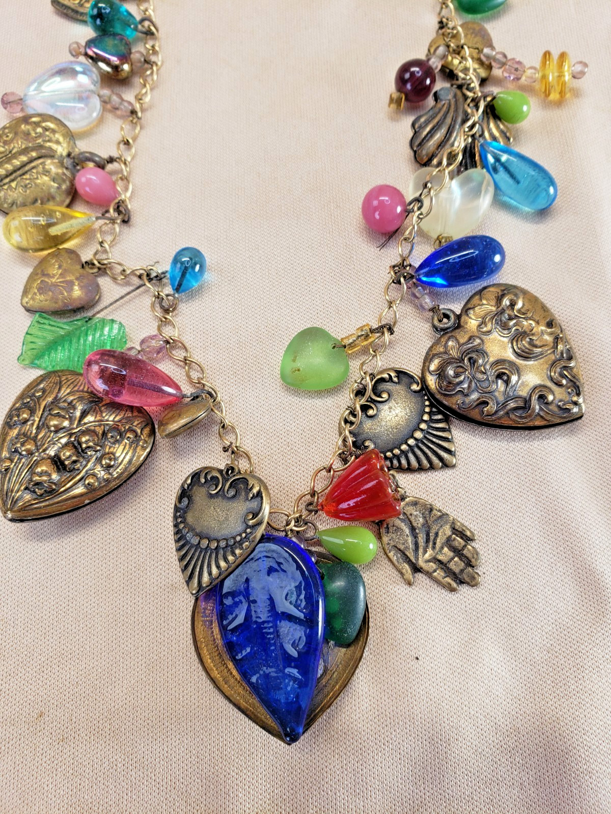 Vintage Ornate Hearts and Glass Charms Necklace Glass Works Studio Style AS IS