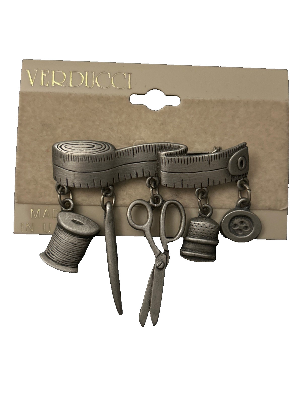Verducci Sewing Jonette Pewter Brooch Seamstress Scissors Measuring Tape