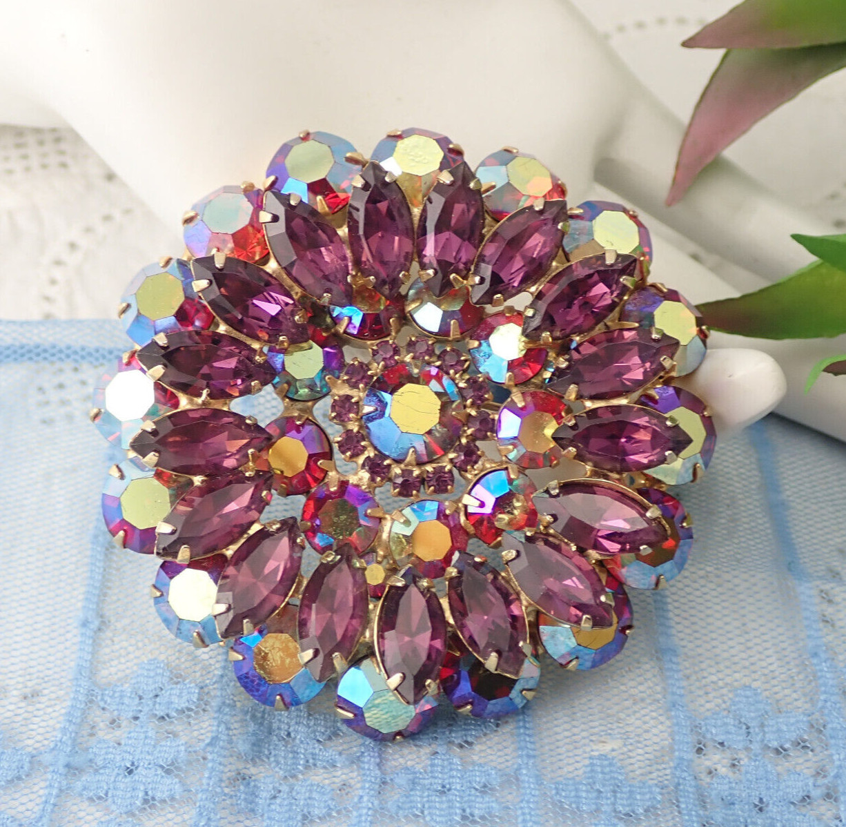 Massive Vintage Juliana Purple AB Red Rhinestone Layered Flower Pin Brooch