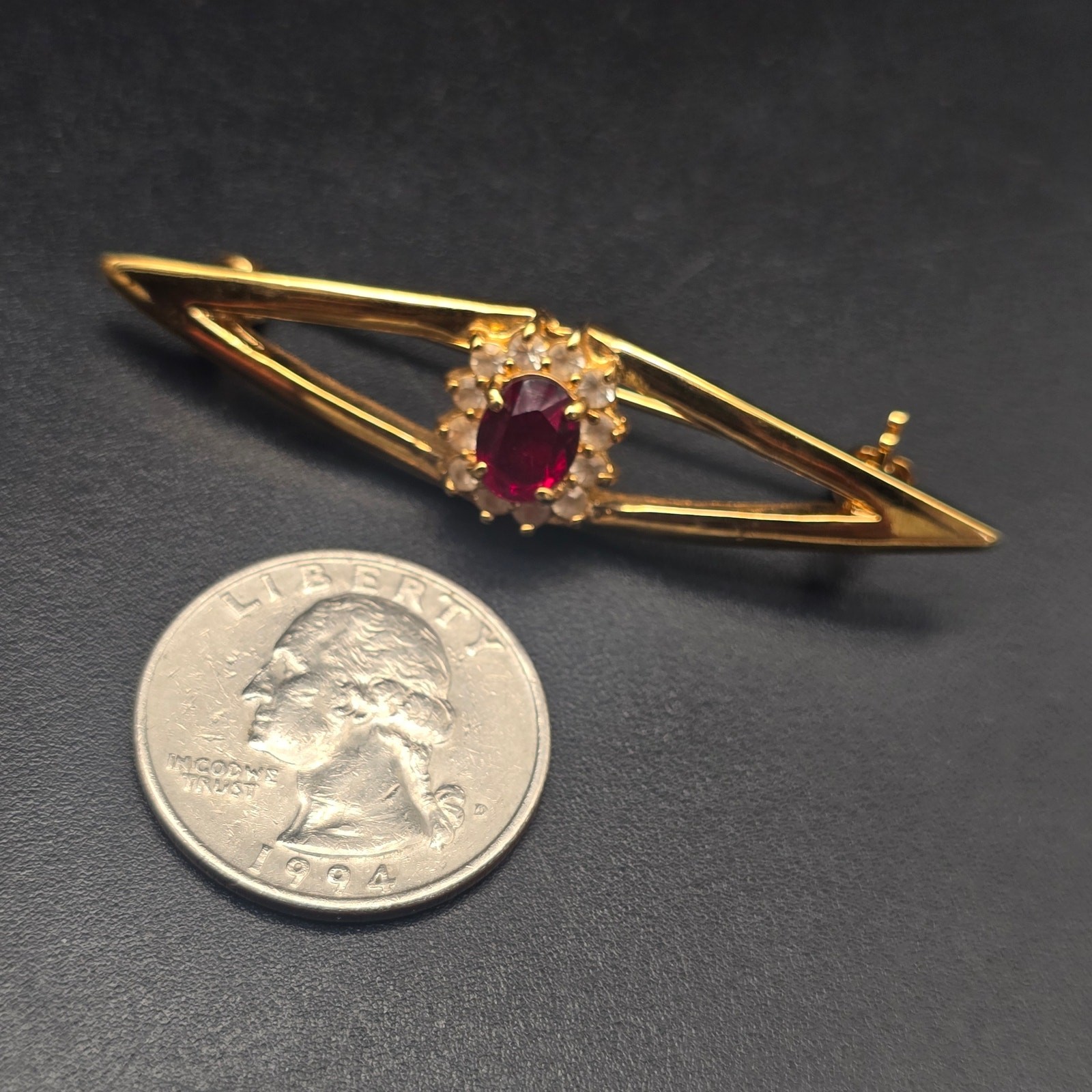 Red Rhinestone Art Deco Brooch Gold Tone Vintage Costume Jewelry