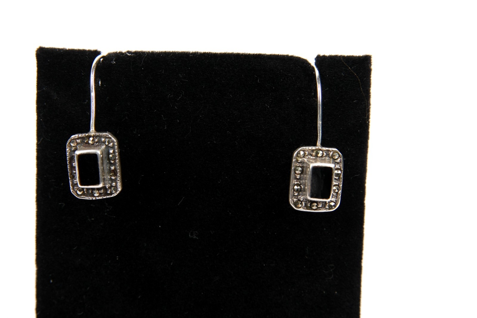 Vtg CW Black Onyx & Marcasite Sterling Silver Drop Hook Rectangle Earrings 3.3g