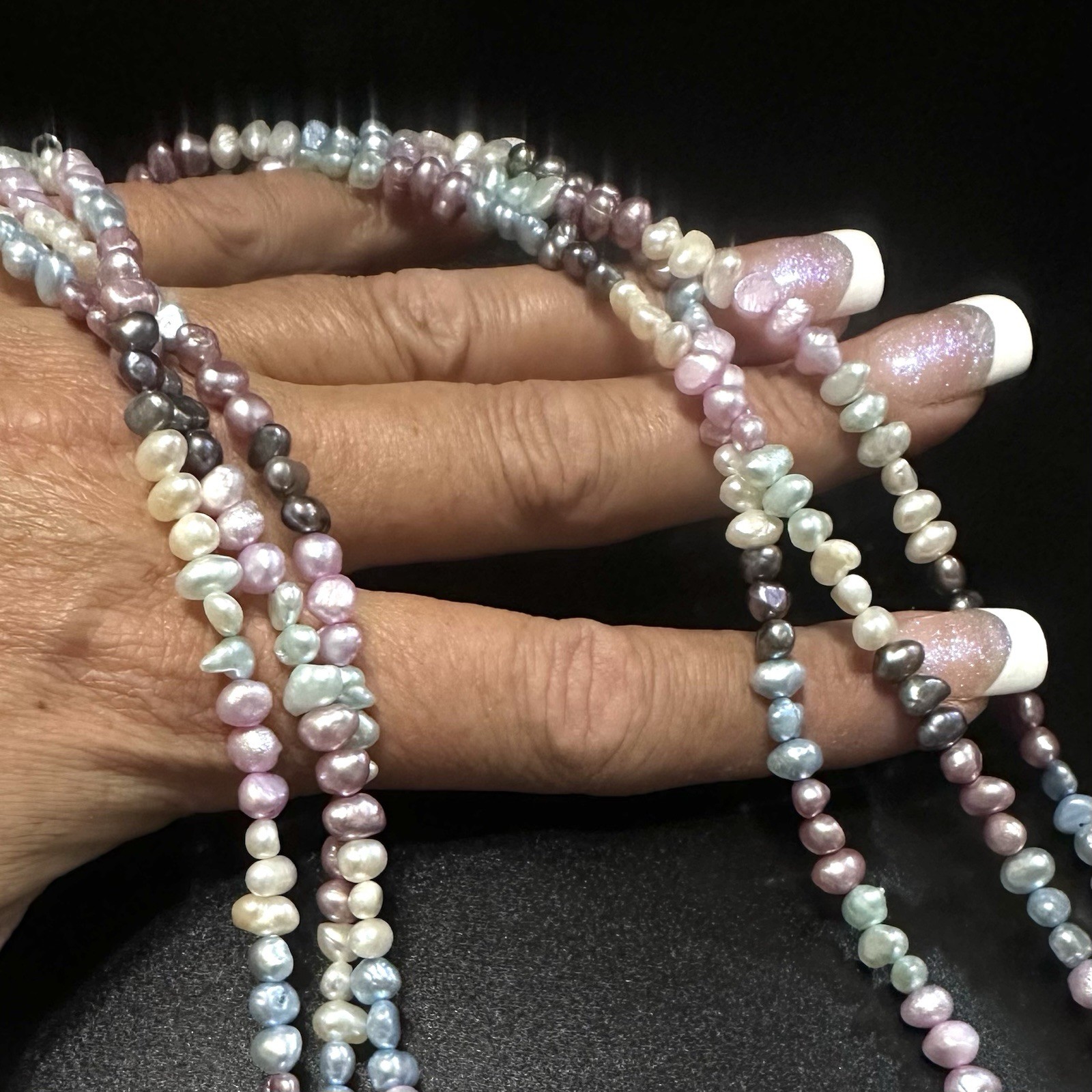 NICE ESTATE STERLING SILVER PINK BLUE PURPLE PEACOCK PEARL 3-STRAND NECKLACE 20”