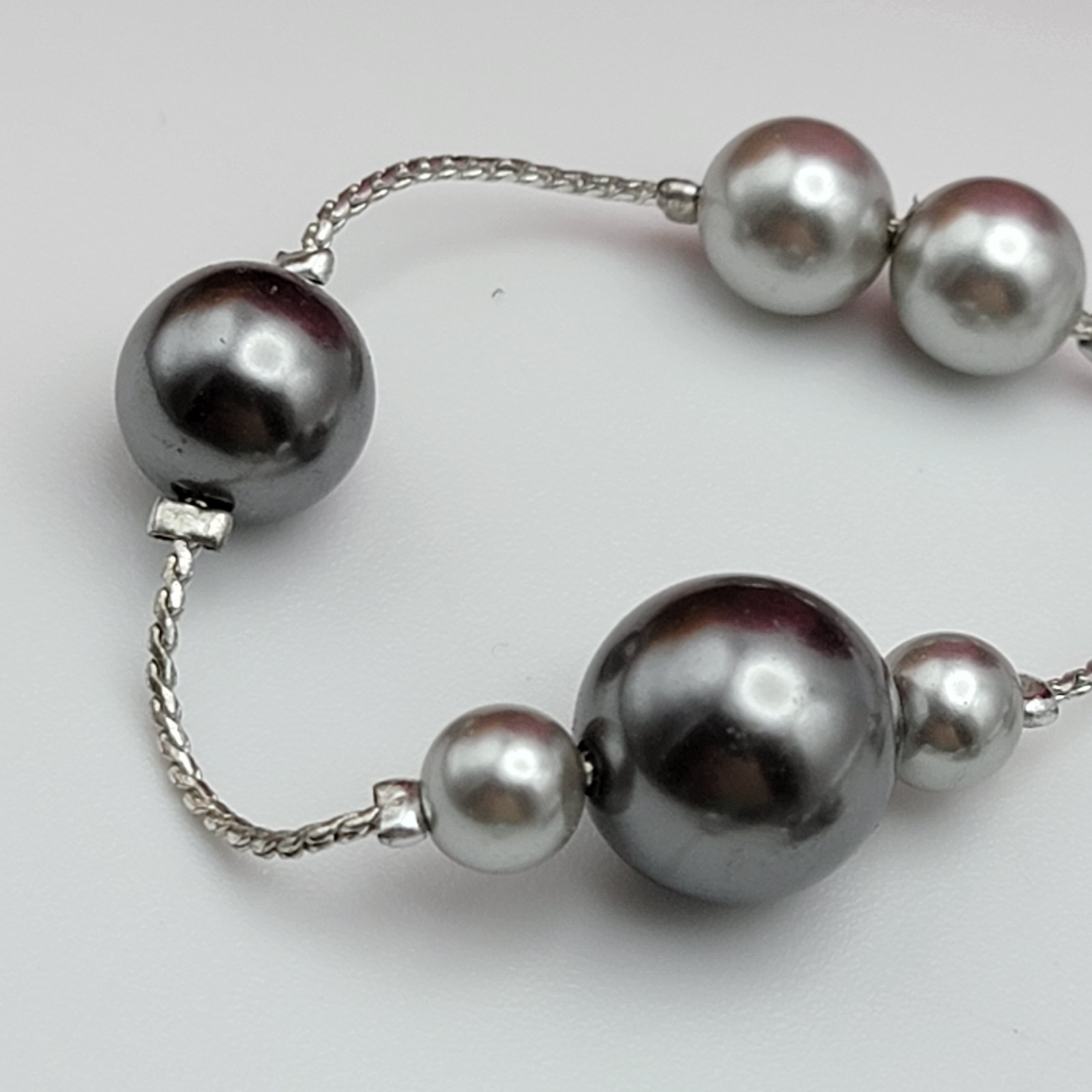 Vintage RMN Silver And Gray Tone Faux Pearl Station Chain Necklace 36″ Flapper
