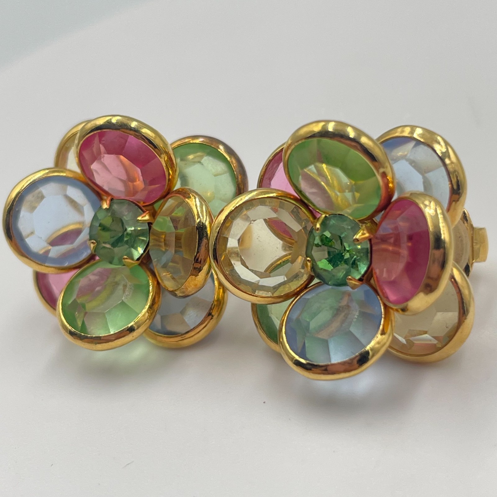 Vintage Multi Color Rhinestone Pastel Flower Clip On Earrings Gold Tone Retro
