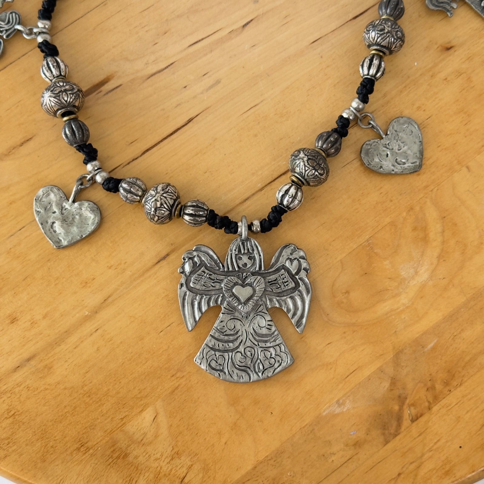 Vintage Signed MARCIE Beaded Pewter 3 Angels Cord Necklace Faith, Hope & Charity