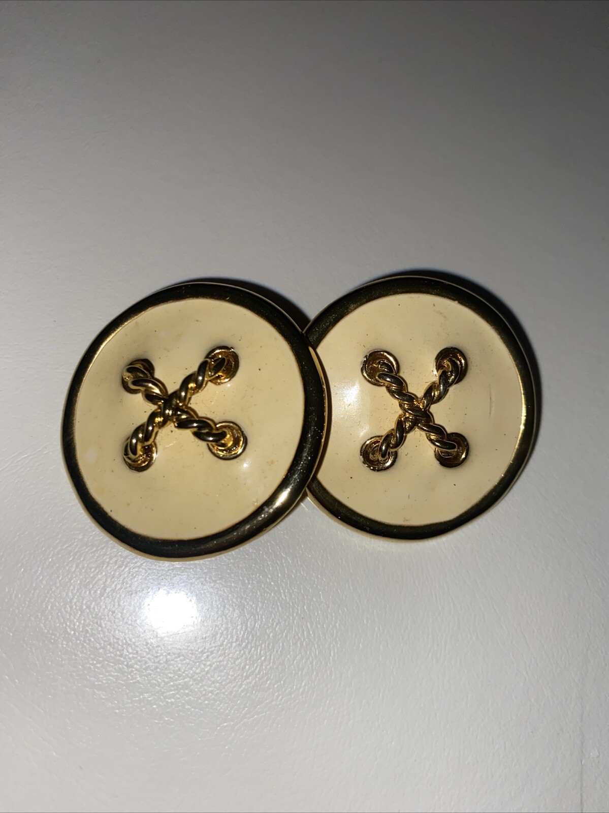 Vintage Clip On Off-White Button Enamel Earrings With Gold Trim Nautical Costume