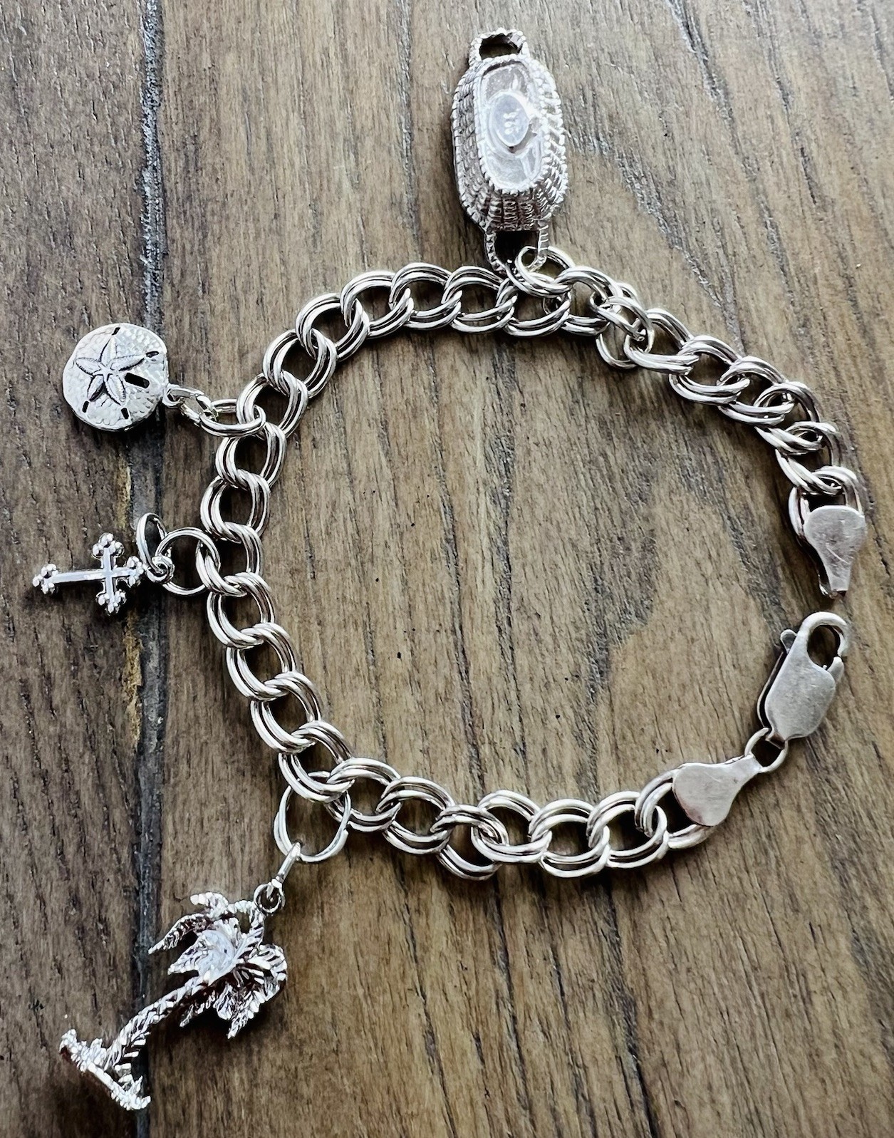 Vintage Sterling Silver 925 Double Ring Chain Link Bracelet w/ 4 Charms 7 1/4”