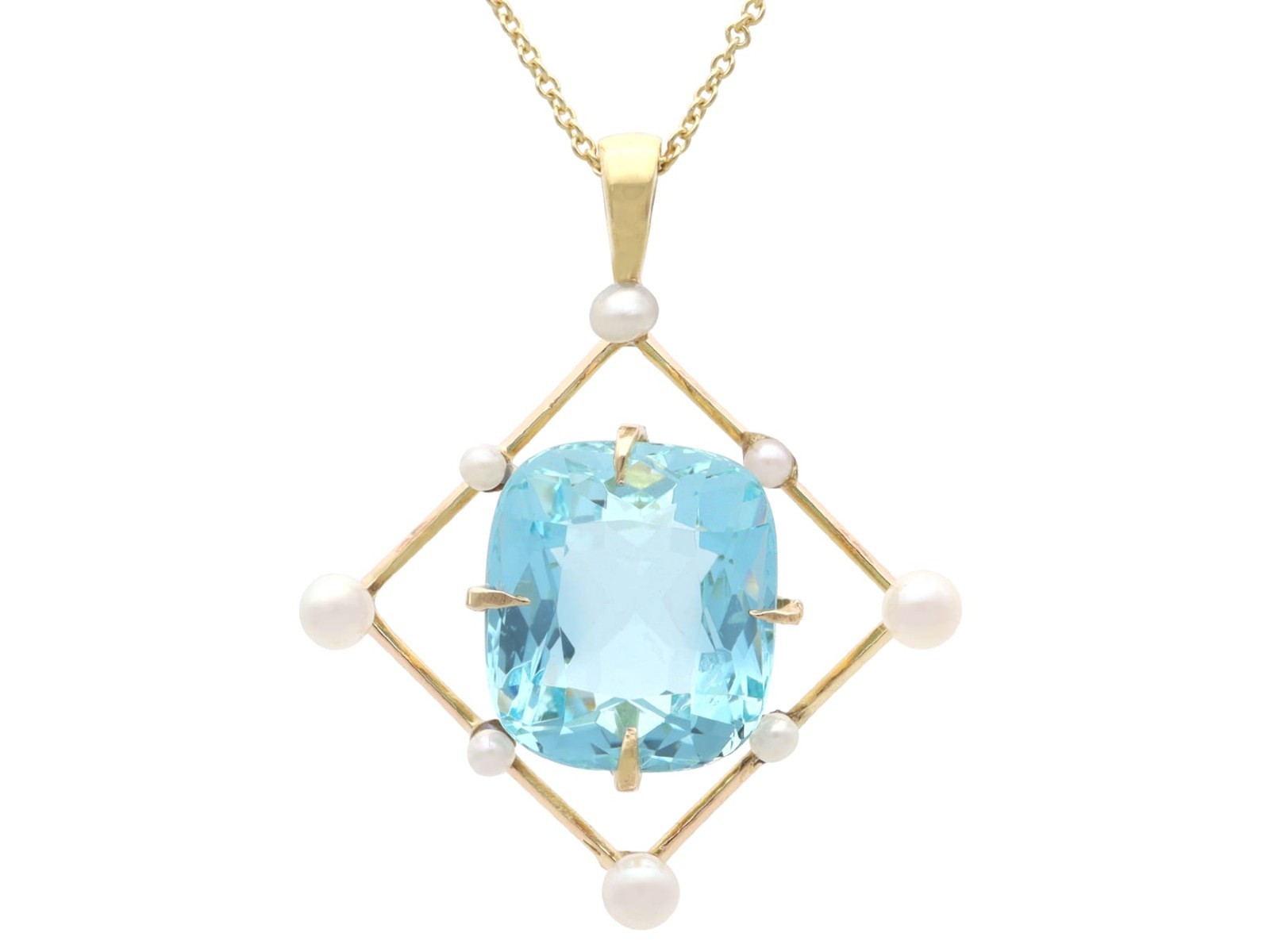 Antique 8.50Ct Aquamarine and Pearl 12k Yellow Gold Pendant Circa 1930