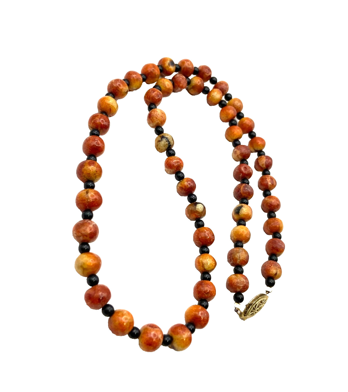 Vintage Apple Sponge Coral Red/Orange Beaded Necklace Black Agate? Gold Tone 24″