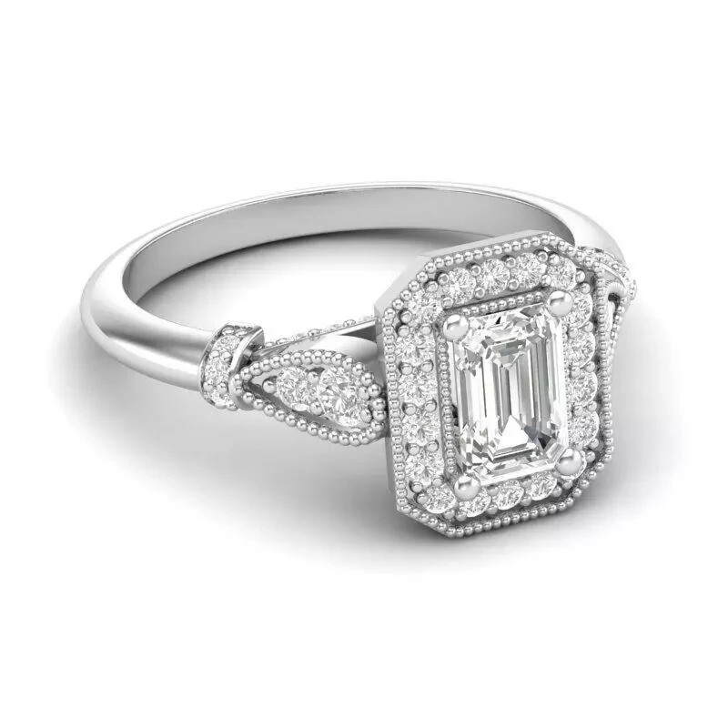 Emerald Cut Lab Created Diamond Art Deco Style Wedding Ring 14k White Gold FN