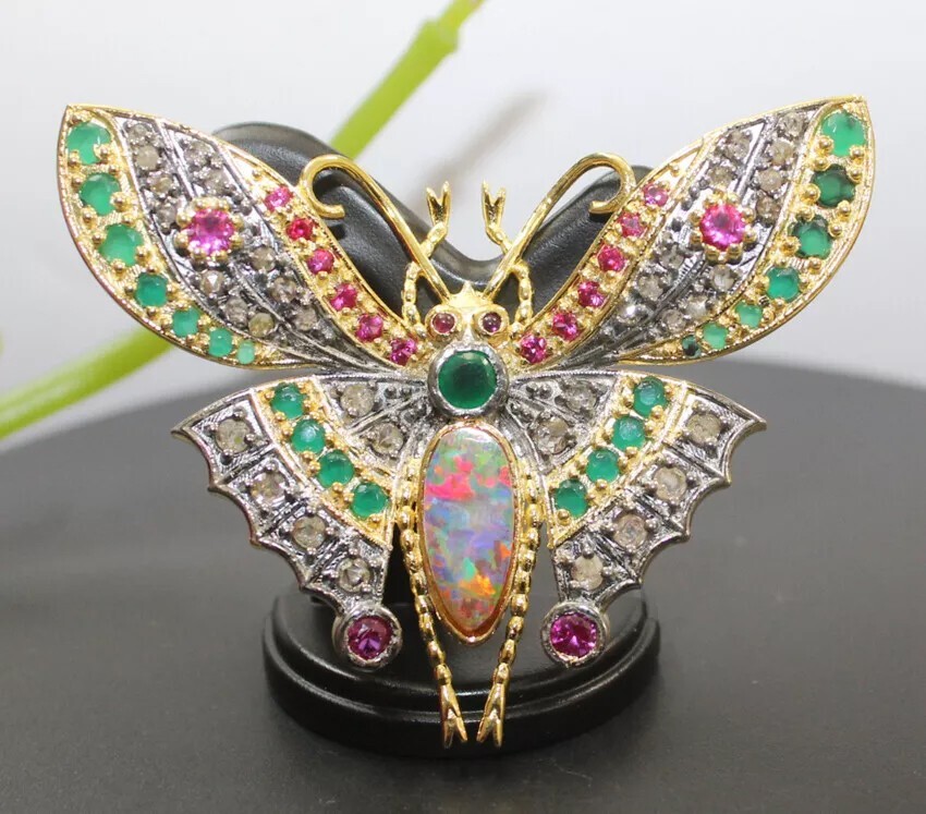 1.60ct Rose Cut Diamond Ruby Emerald Opal Victorian 925 Silver Butterfly Brooch