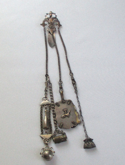 Vintage Fleur de Lis Belt Hook Chatelaine with Chains and Attachments