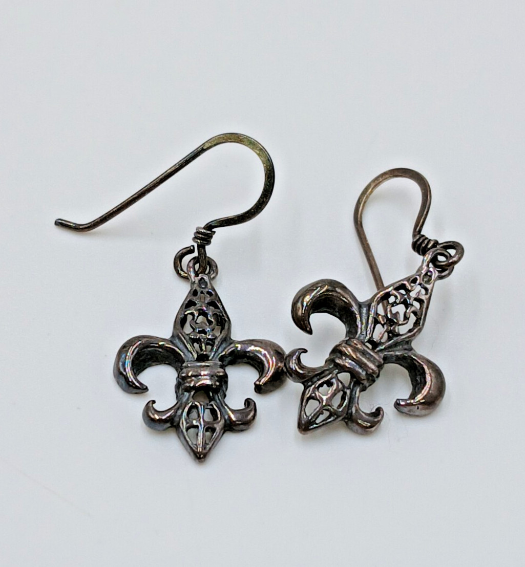 VTG 925 Fleur De Lis Dangle Earrings 1.5in Drop Sterling Silver 2g Estate
