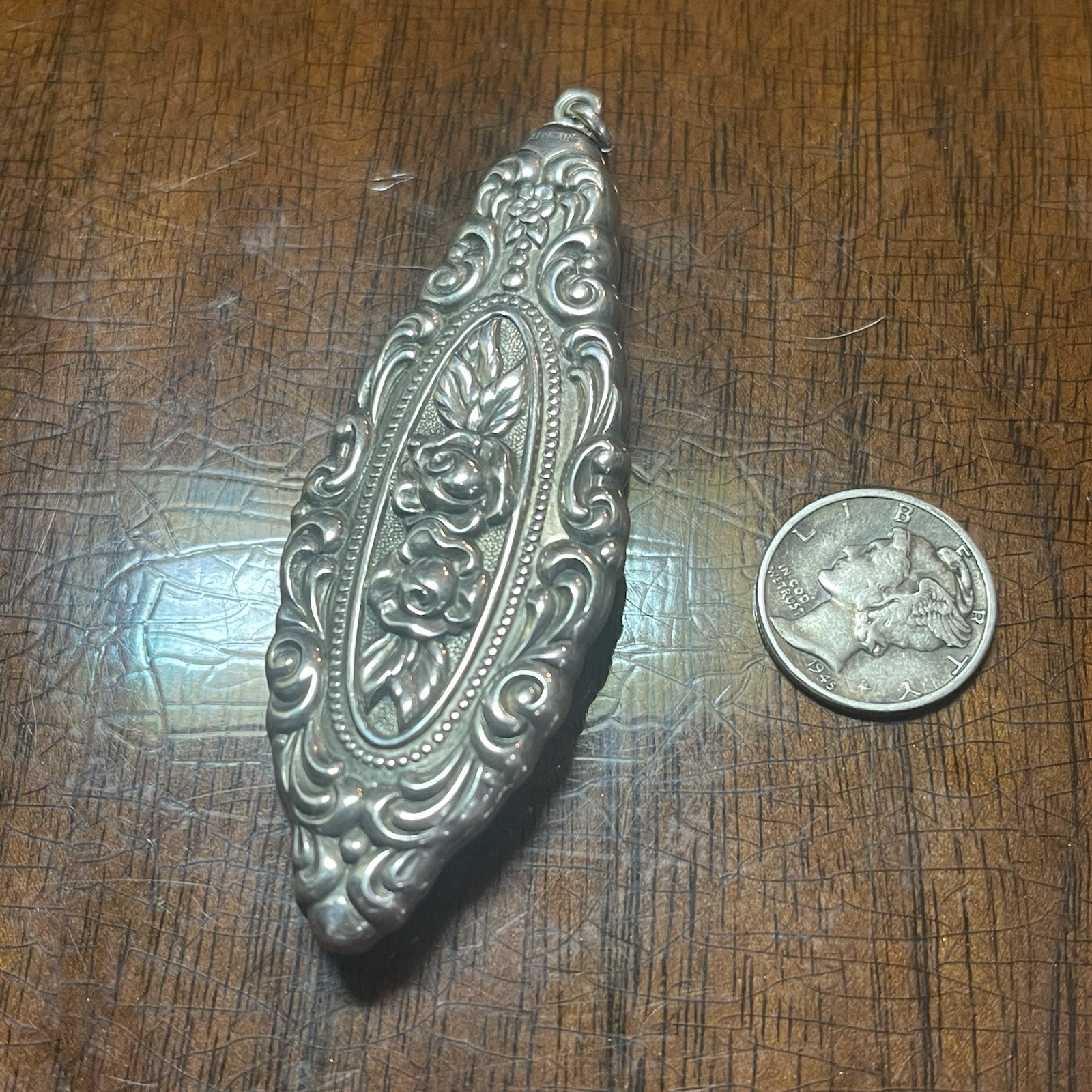 Vintage Antique Sterling Art Nouveau Rose Repousse Pendant 14.2 Grams!