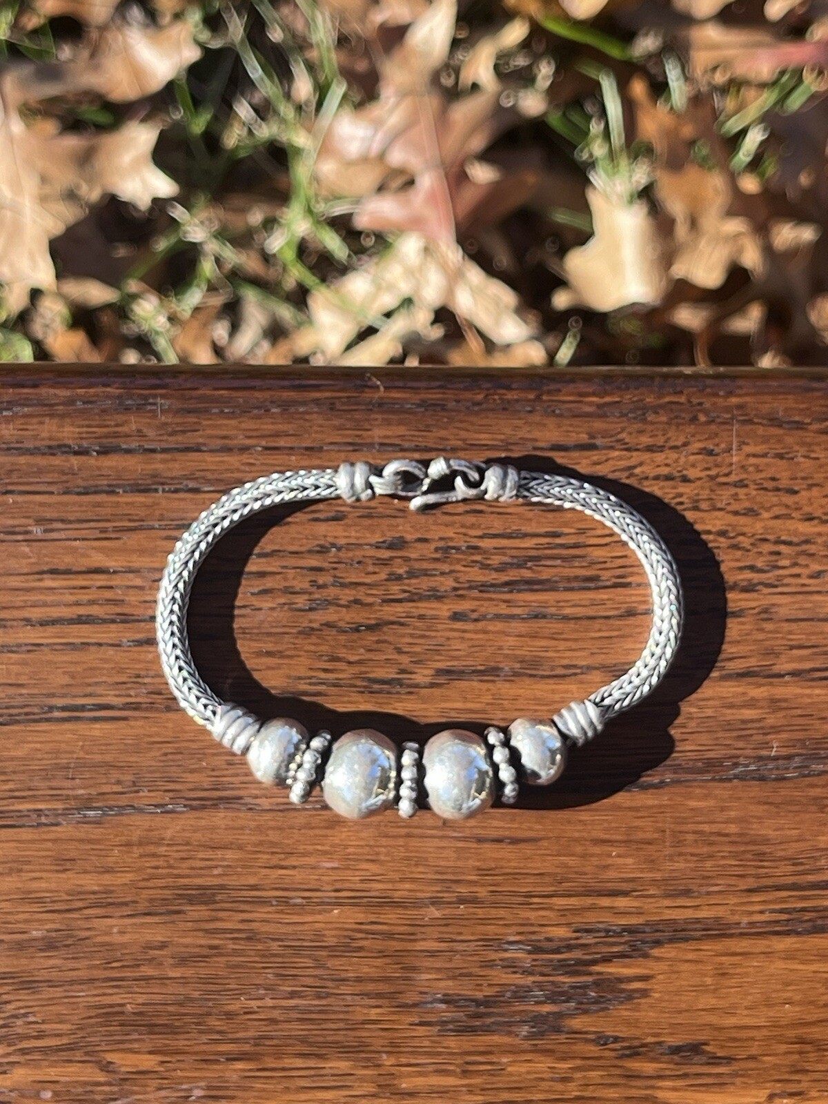 Vintage Sterling Silver Wheat Link Beaded Bracelet