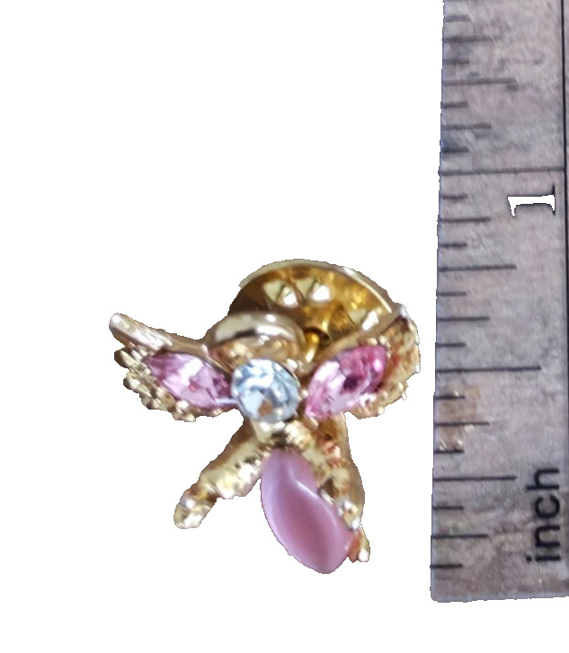 Guardian Angel Lapel Pin Hat Pink Rhinestone Cats Eye Cabochon Gold Tone w/ Halo