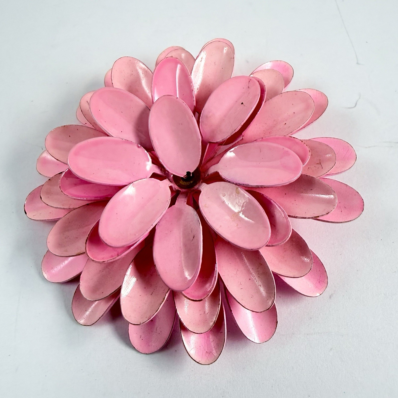 Vintage Pretty Pink Enameled Layered Metal Flower Brooch