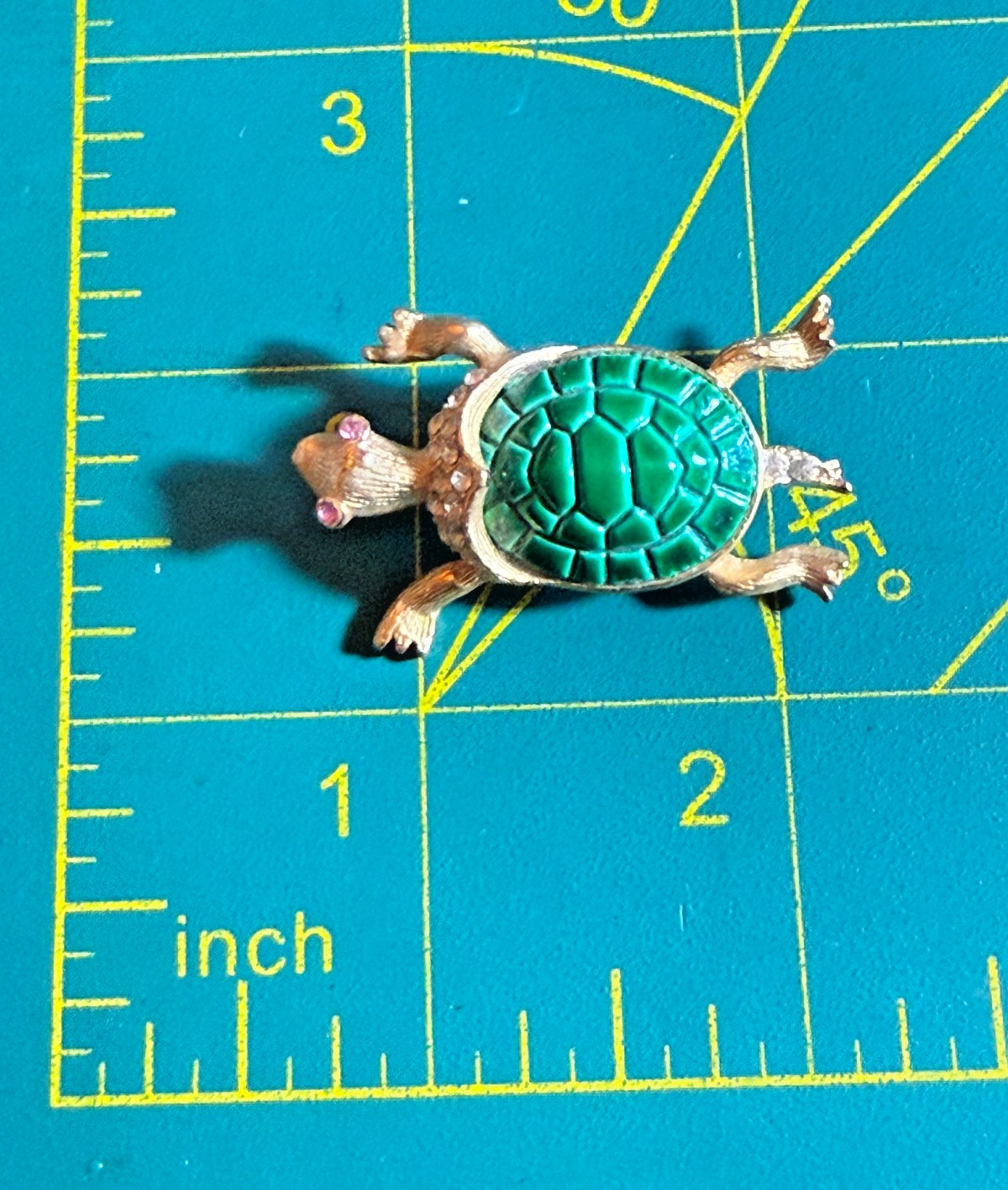 Vintage Turtle Brooch Pin Green Enameled Shell Gold Tone Pink Rhinestone Eyes