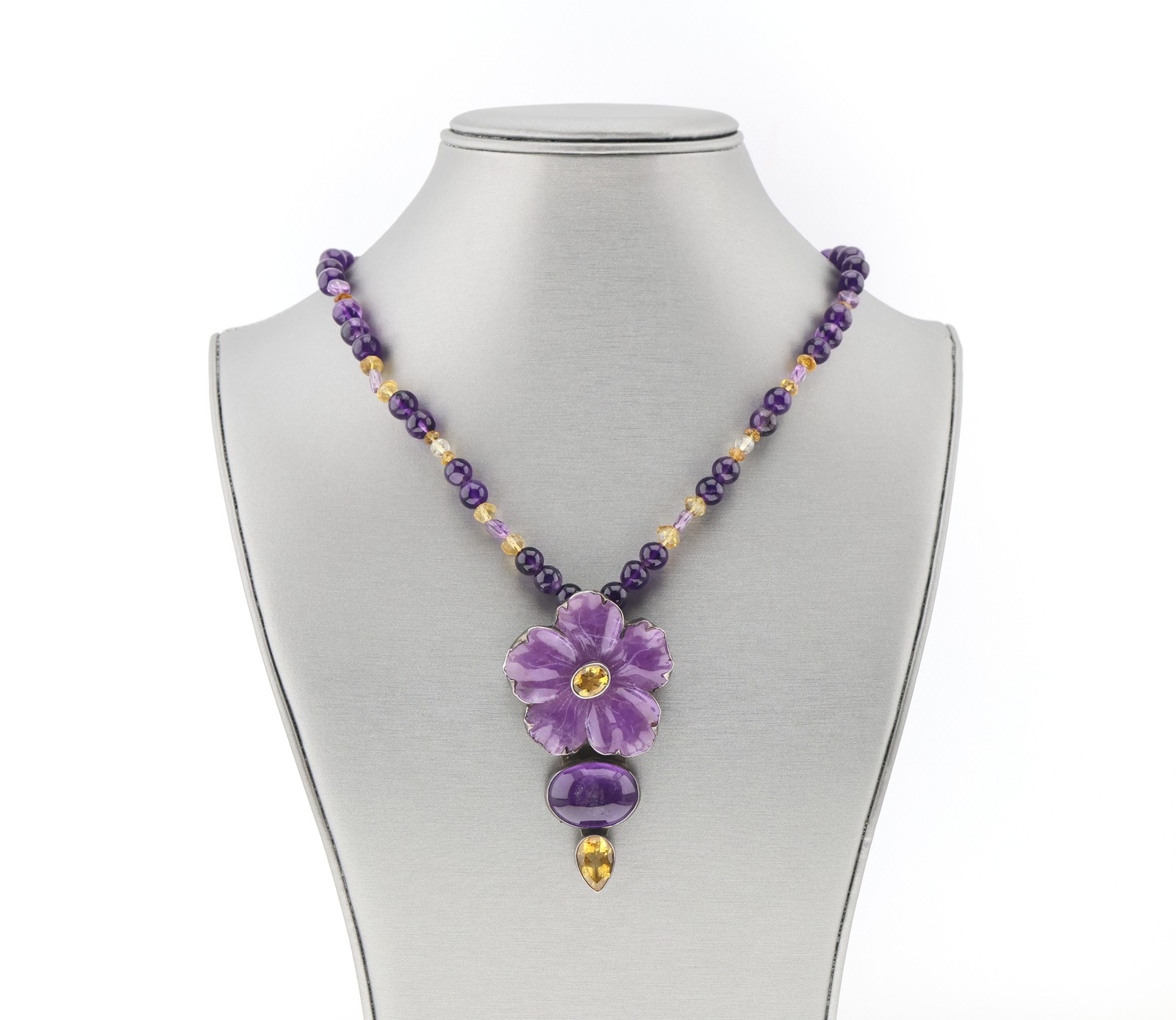 Amy Kahn Russell Sterling Silver Amethyst Citrine Flower Necklace