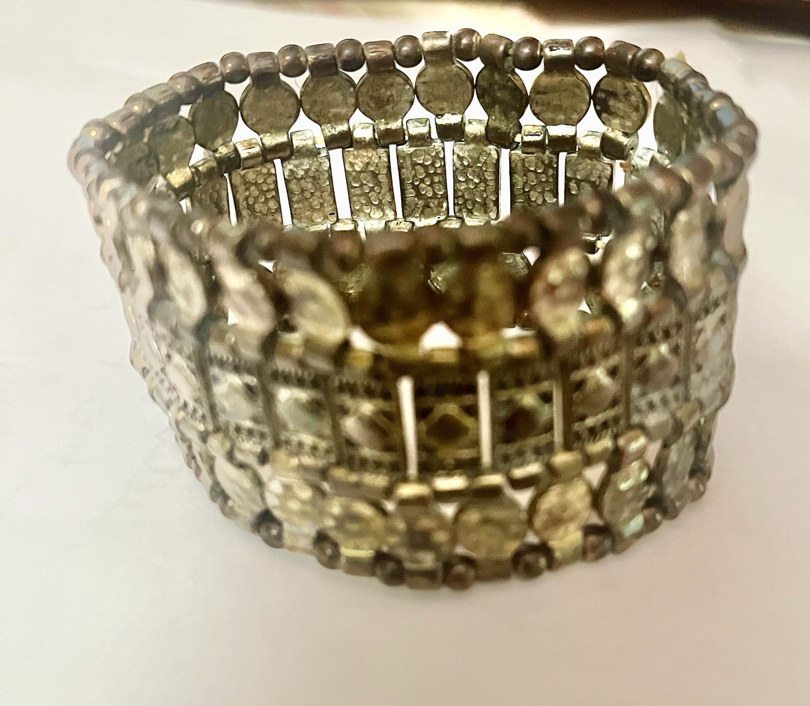 Vtg Brass Metal Ornate Beaded Stretch Cuff Bracelet 1.5” W One Size 6-8” Wrist
