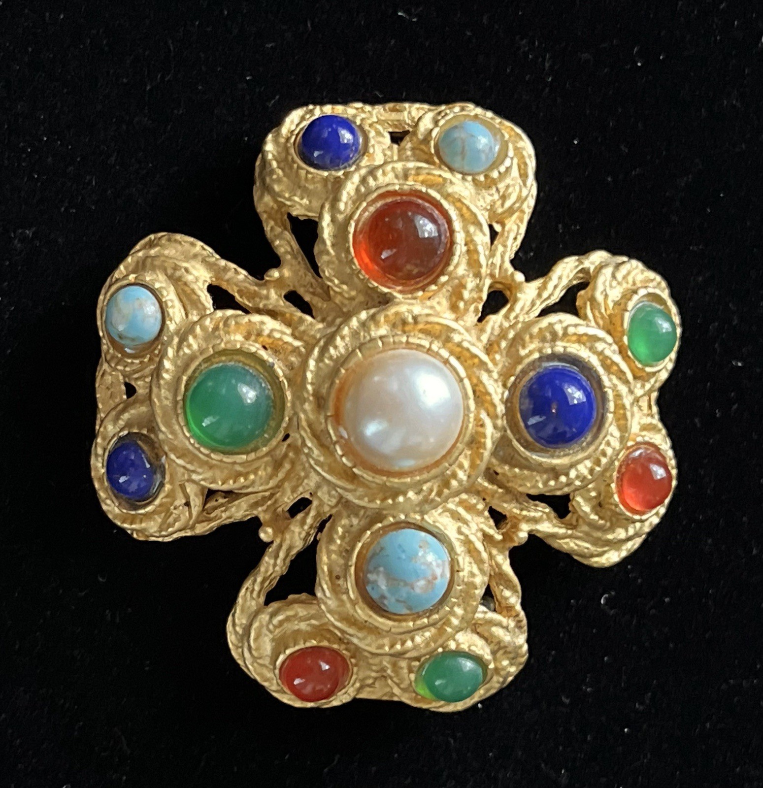 Vintage Maltese Cross Brooch Gripoix Style Gold Glass Cabochon Sphinx HAR