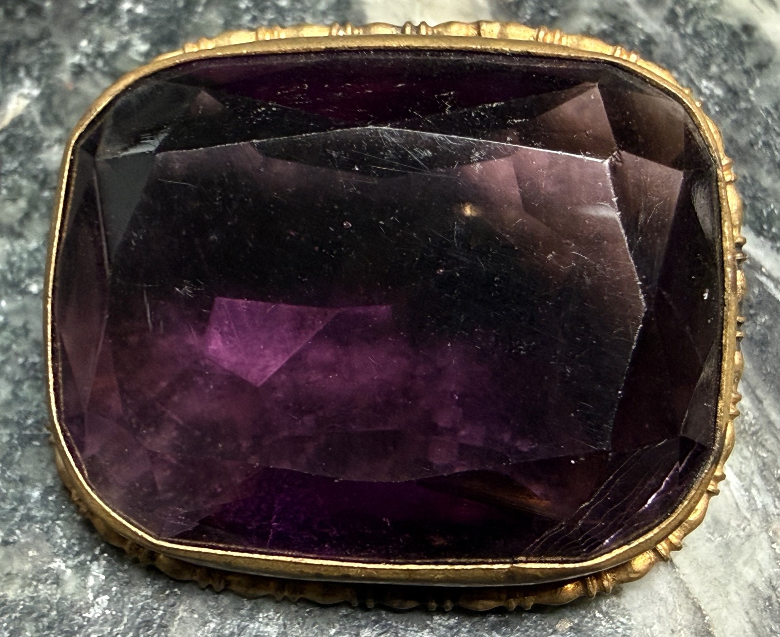 Antique Victorian Cushion-Cut Amethyst Glass Pin – as-is (missing pin)