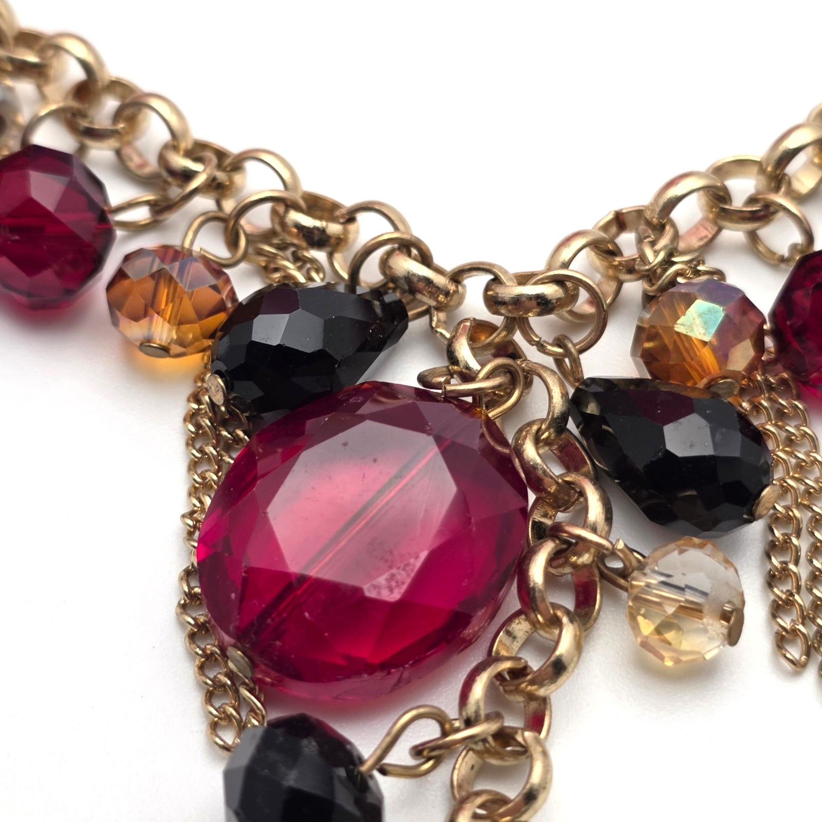 Vintage Red Black Crystal Fringe Necklace Gold Tone Faceted Bead Bib 20 In
