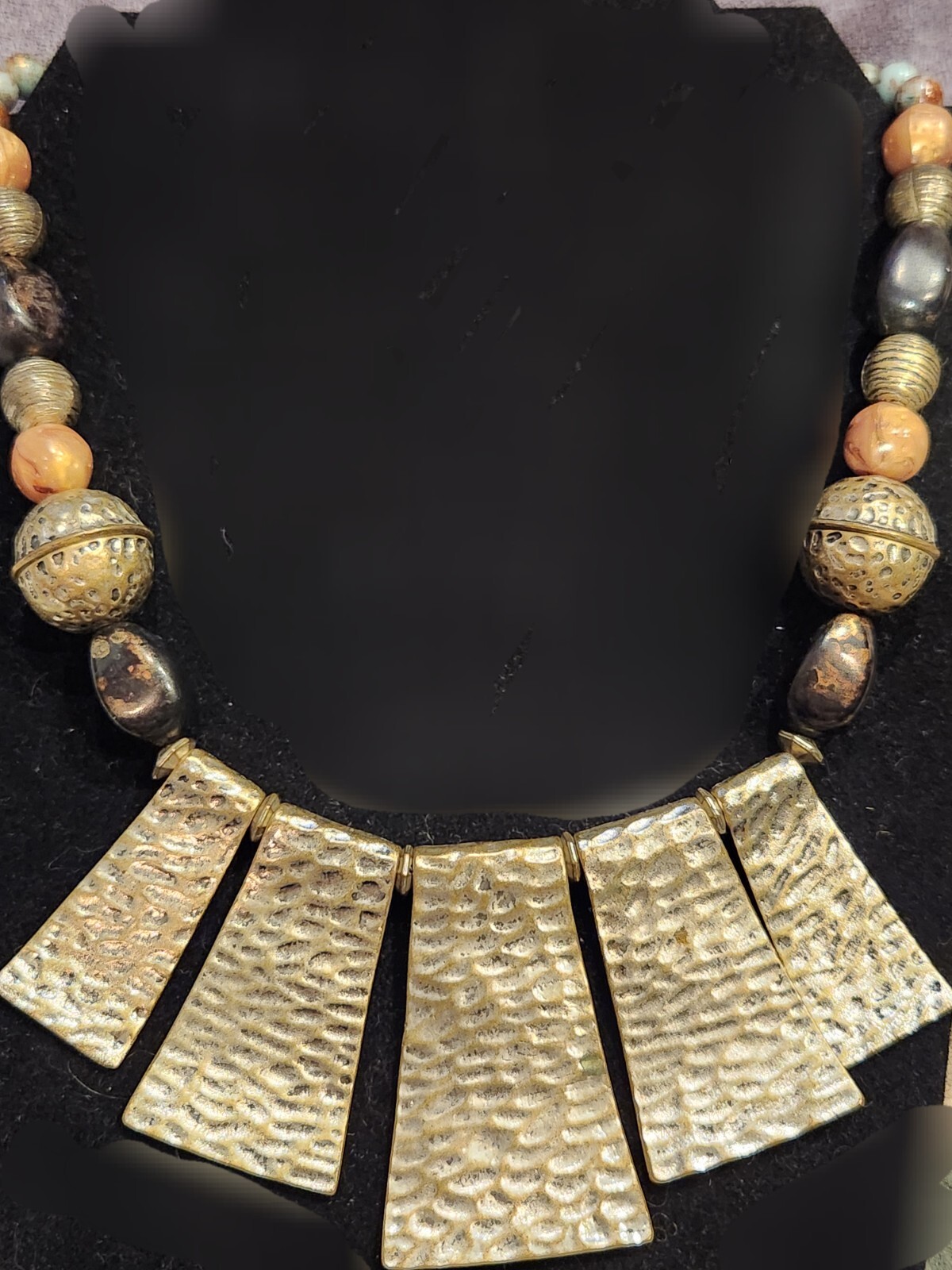 Vintage VCLM Branded Bib Beaded Metal Necklace Silvertone Gold Blue Peach Brown