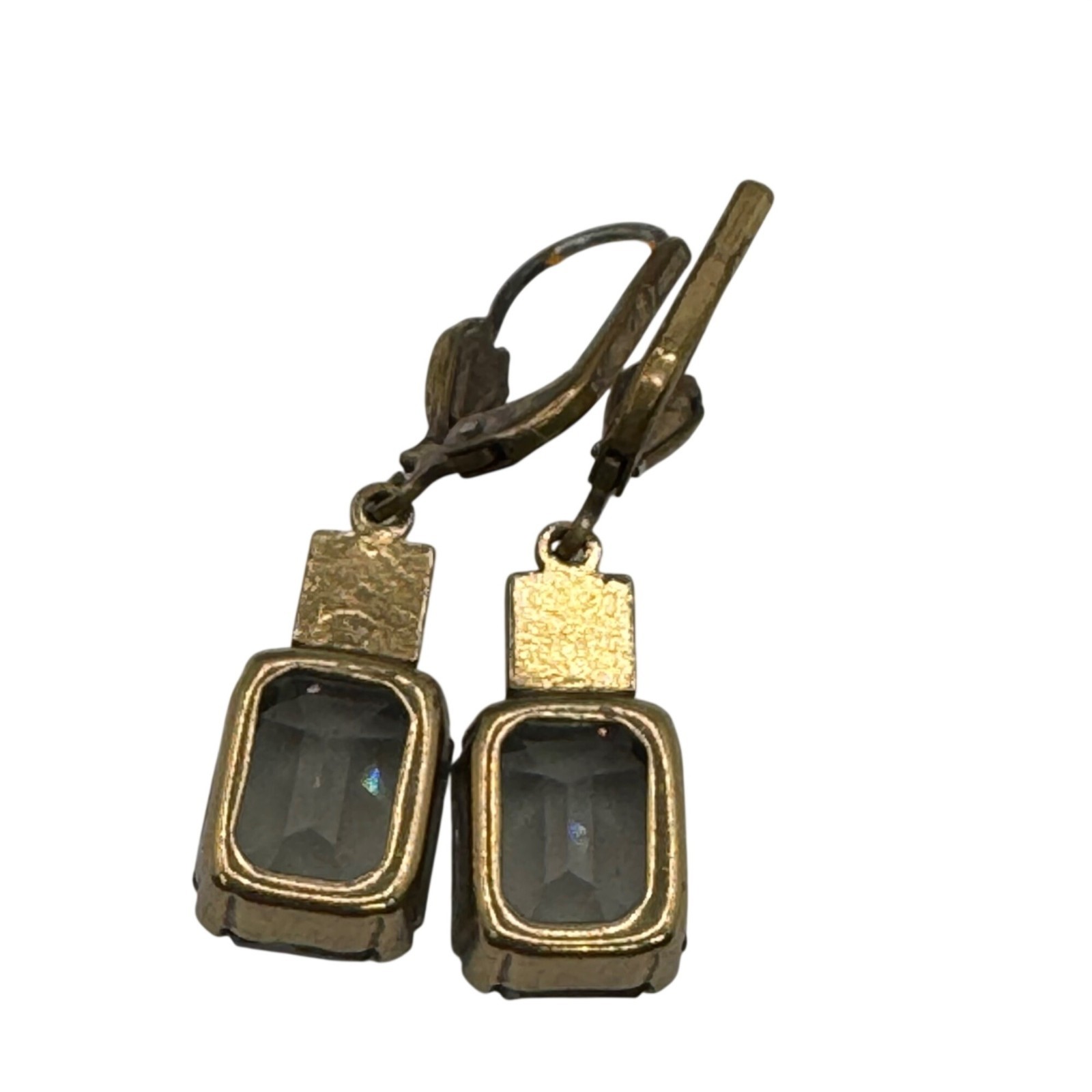 Vintage “Black Diamond” Gold Tone Leverback Drop Earrings Emerald Cut Estate