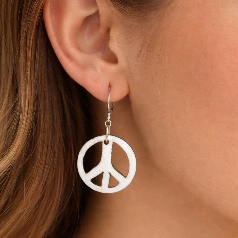 Vintage Peace Sign Dangle Earrings White Brown Two Tone Boho