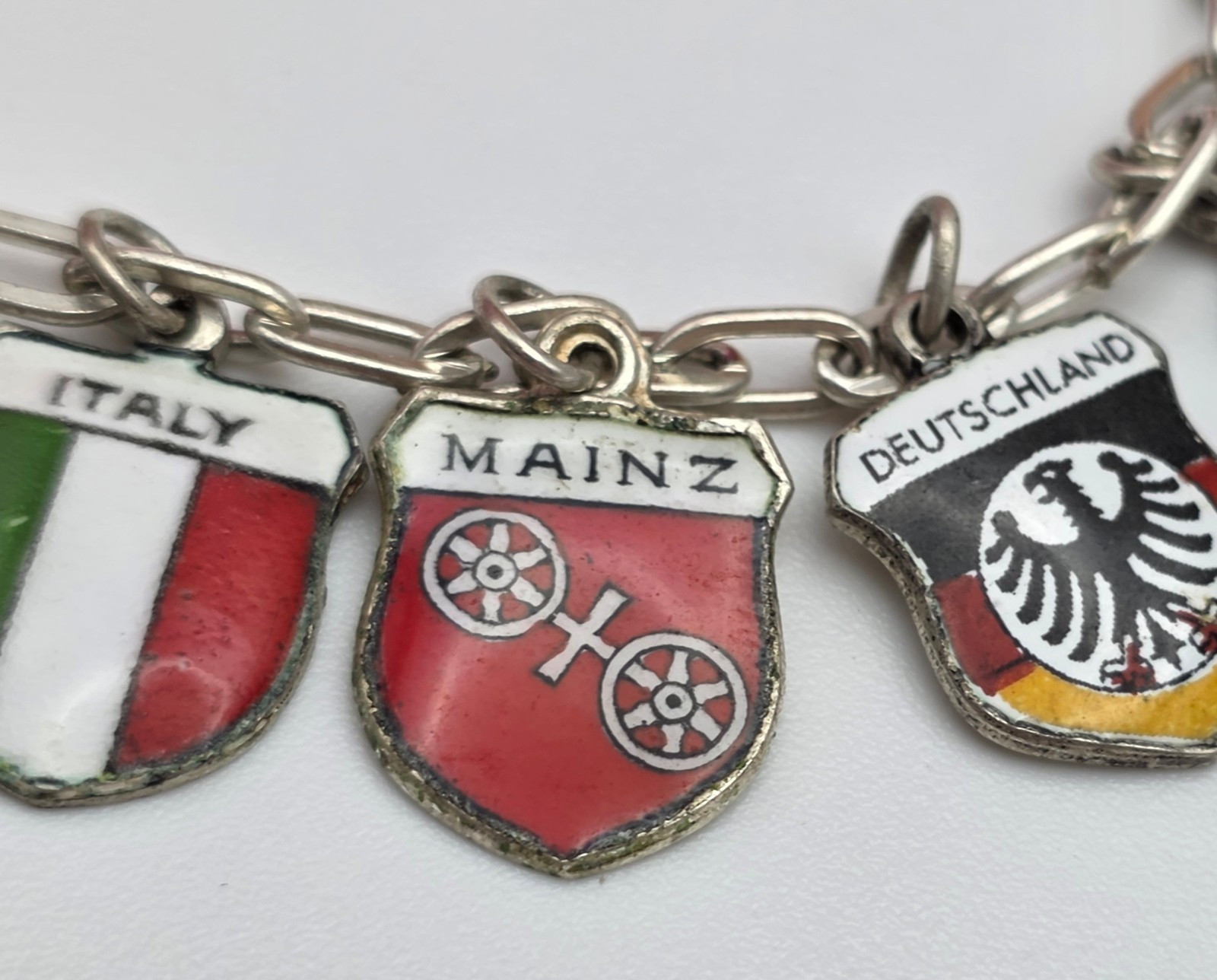 Vintage 800 Silver Enamel Travel Shield Charm Bracelet Germany Italy ANTIKO 7″