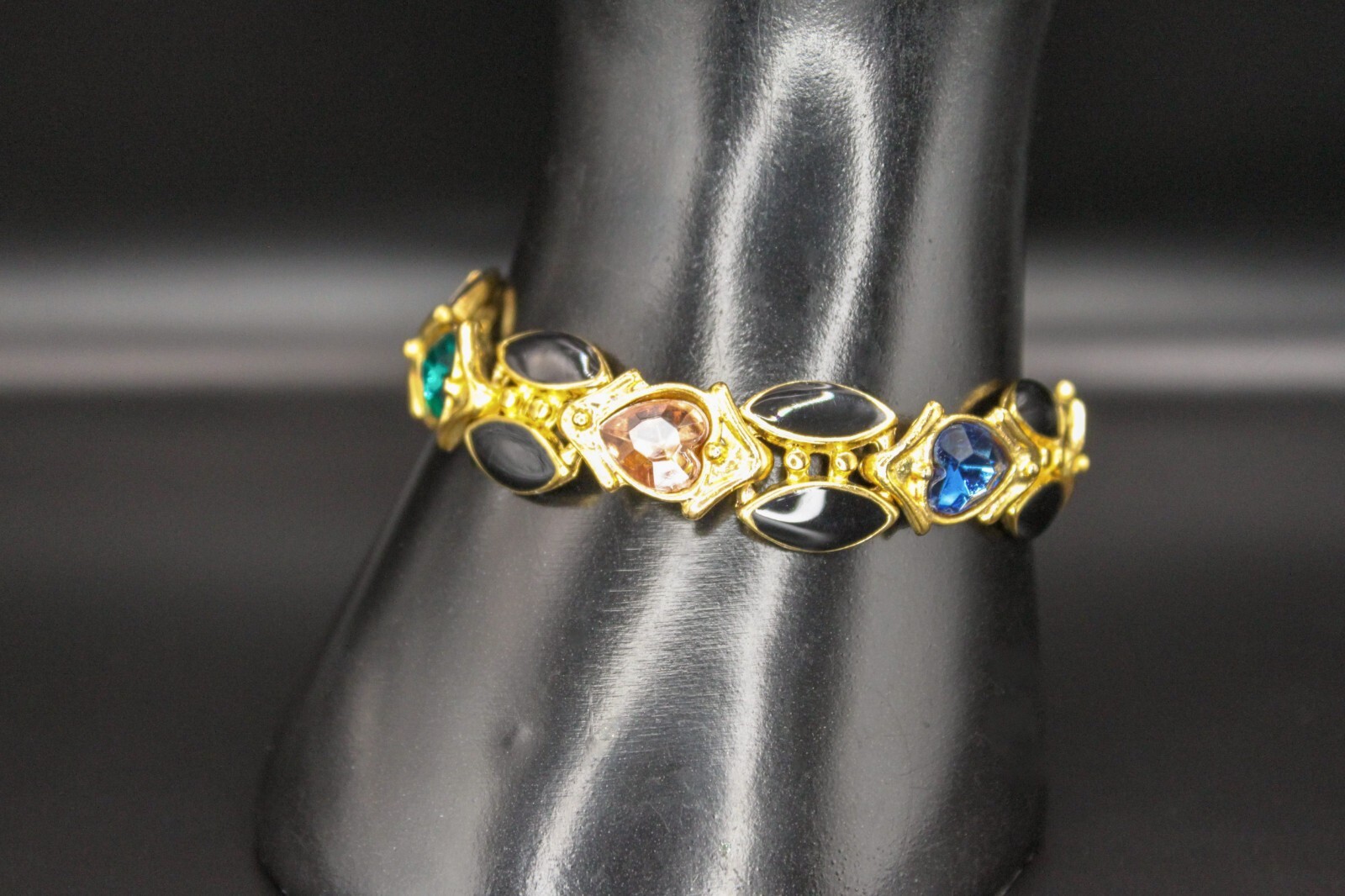 Vintage ORENA of PARIS France Rhinestones Enamel Heart Link Bracelet Gold Tone