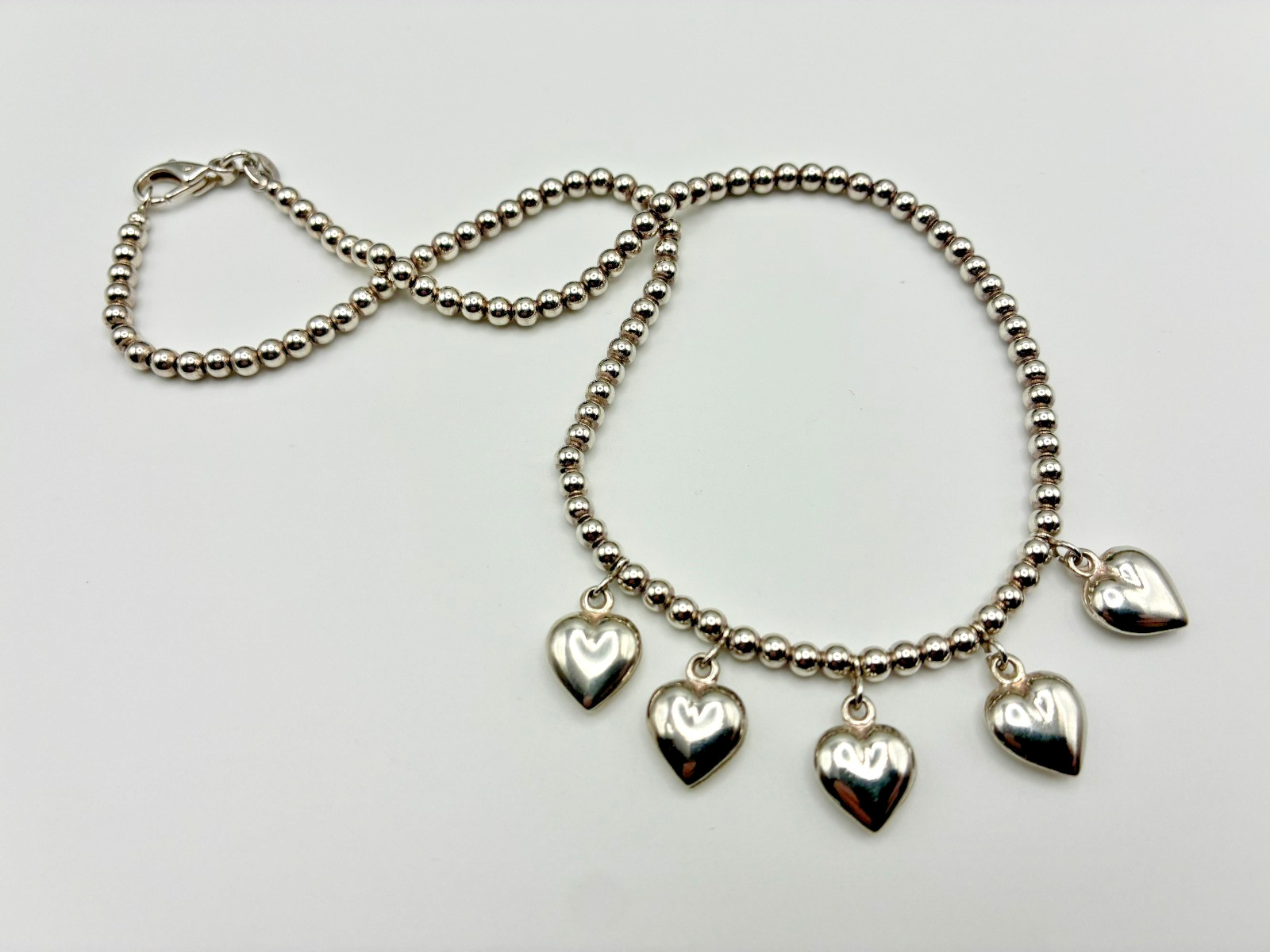Vintage Italian 925 Silver Floating Bead Necklace with Five Puffy Dangle Hearts