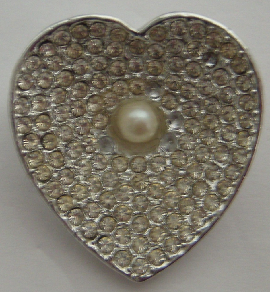 Vintage Silver Tone Pave Rhinestone Heart Brooch with Faux Pearl Center Pin