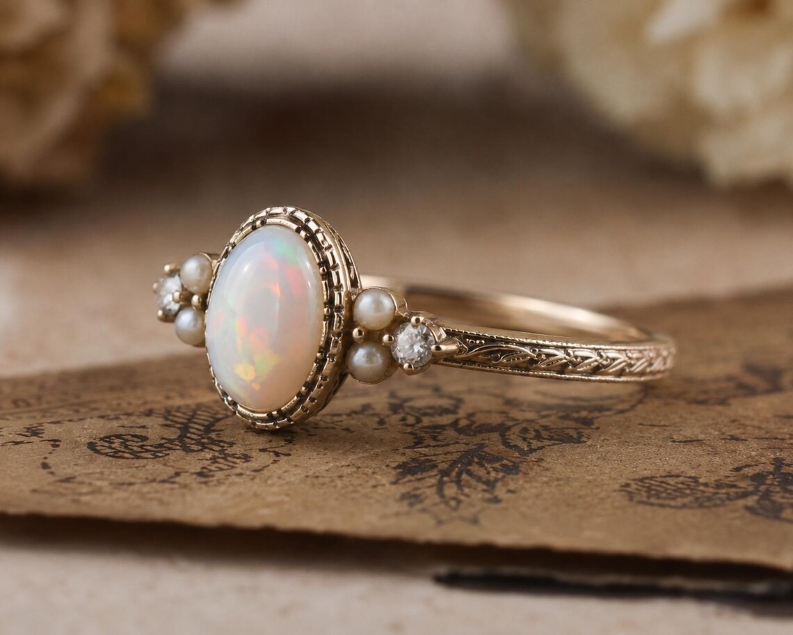 Natural Ethiopian Opal Ring Vintage Pearl Ring 925 Sterling Silver Oval Opal