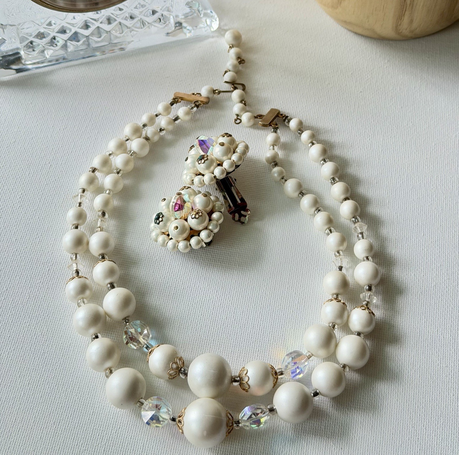 Vintage White Satin Bead Necklace & Clip On Earrings Set AB Crystal Bridal