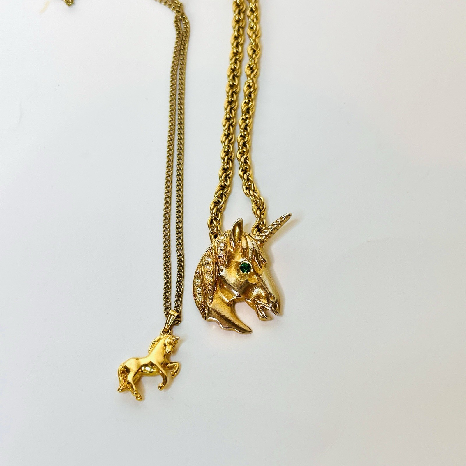 VTG Running Horse Unicorn Rhinestones Equestrian Pendant Necklace Gold Tone LOT
