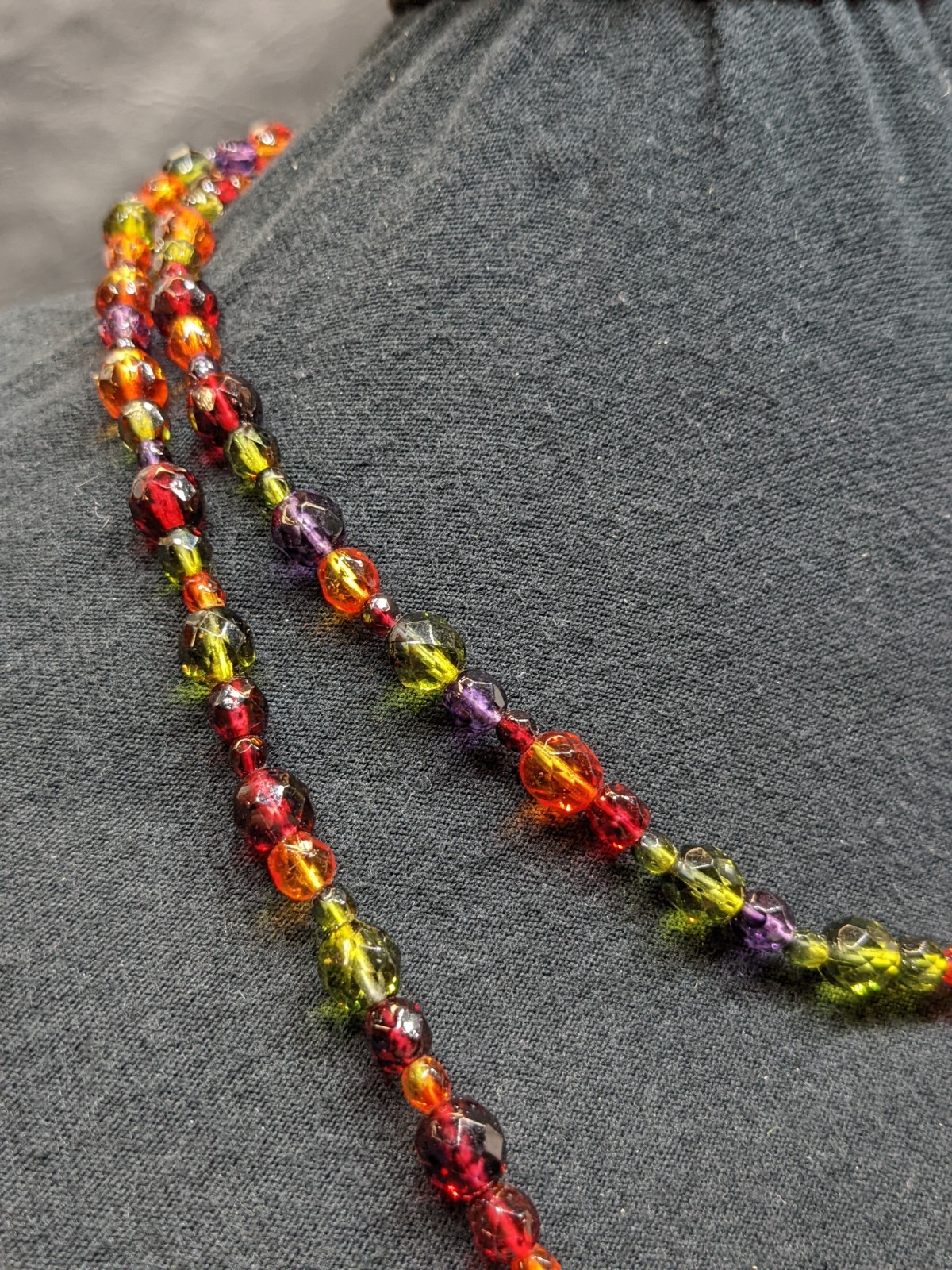 Vintage 44″ Faceted Glass Bead Necklace Long Multicolor Boho Layering Strand
