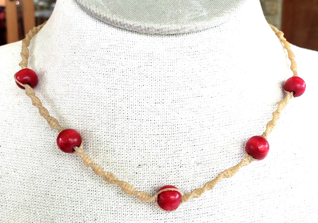 Vintage Hemp Macrame Red Wood Bead Choker Necklace 21.5″ Waxed Cord Knot Clasp