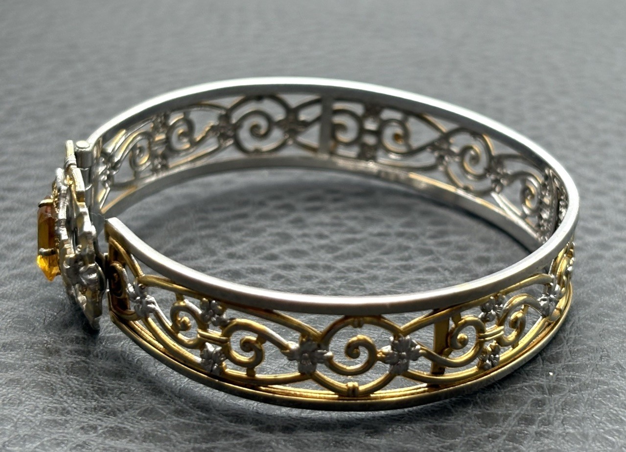 VTG Art Deco Hinge Clasp Bangle Bracelet Faux Citrine White Mfg Co Providence RI