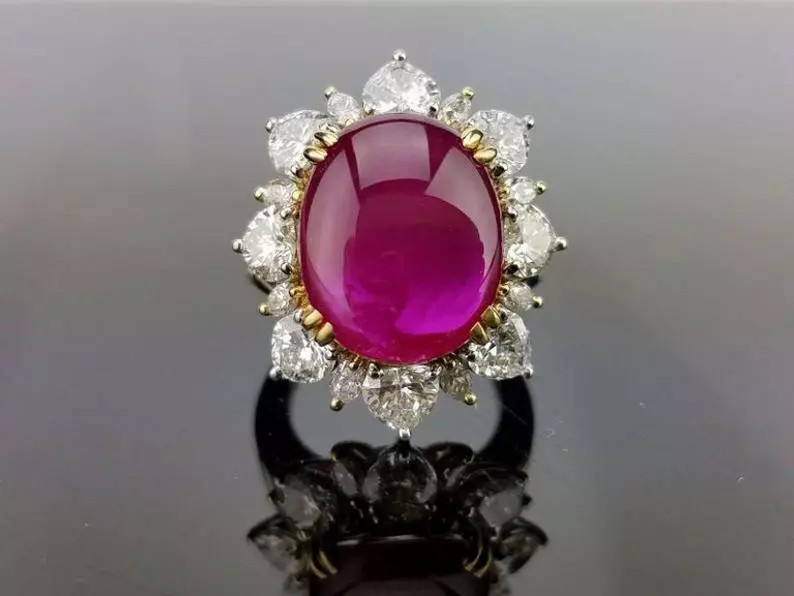 Beautiful 14.61CT Burmese Ruby Opaque Cabochon & Heart Shape 2.60CT Wedding Ring