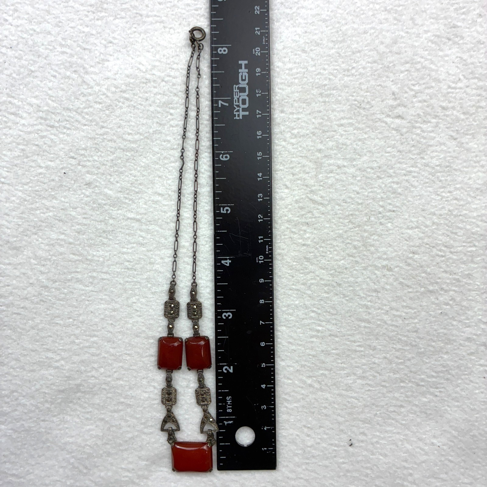 Antique Art Deco Carnelian Glass Sterling Silver & Rhinestones Necklace 16″