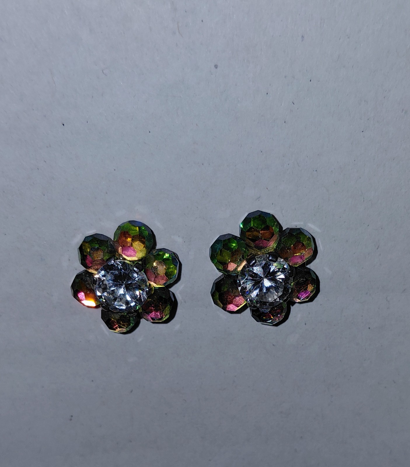 Flower-Shaped Stud Earrings with Aurora Borealis Crystal and Central Clear Stone