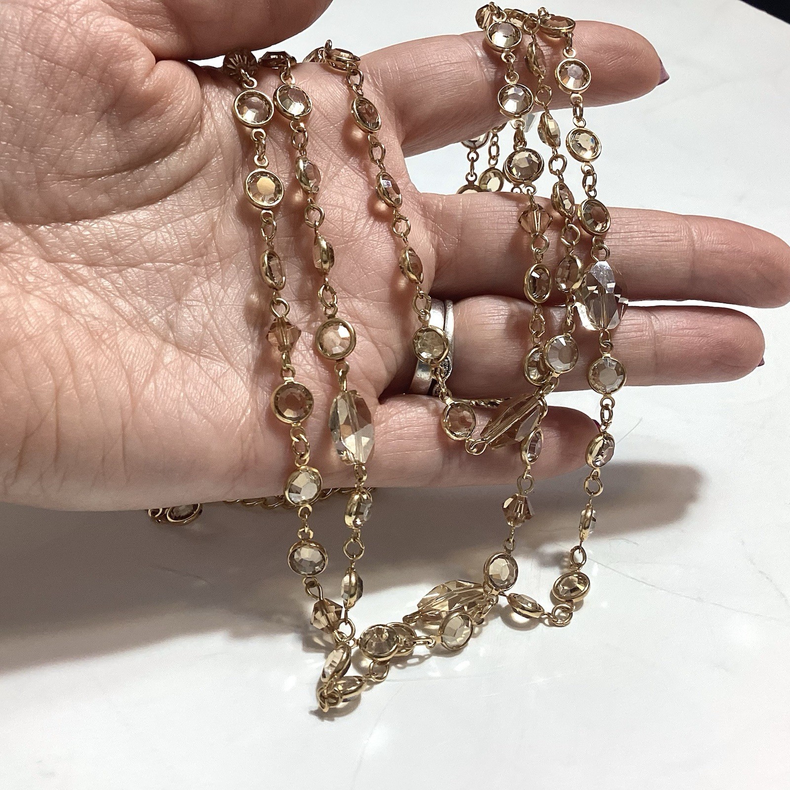 Austrian Crystal USA Signed GoldTone Bezel Champagne Multi-Strand Necklace 24.5”