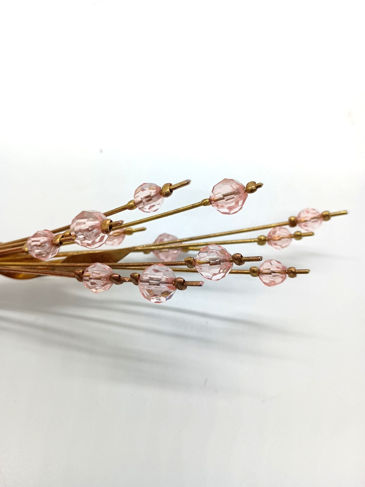 Vintage Gold Tone Brooch Pink Crystal Bead Spray Cattail VGC Retro