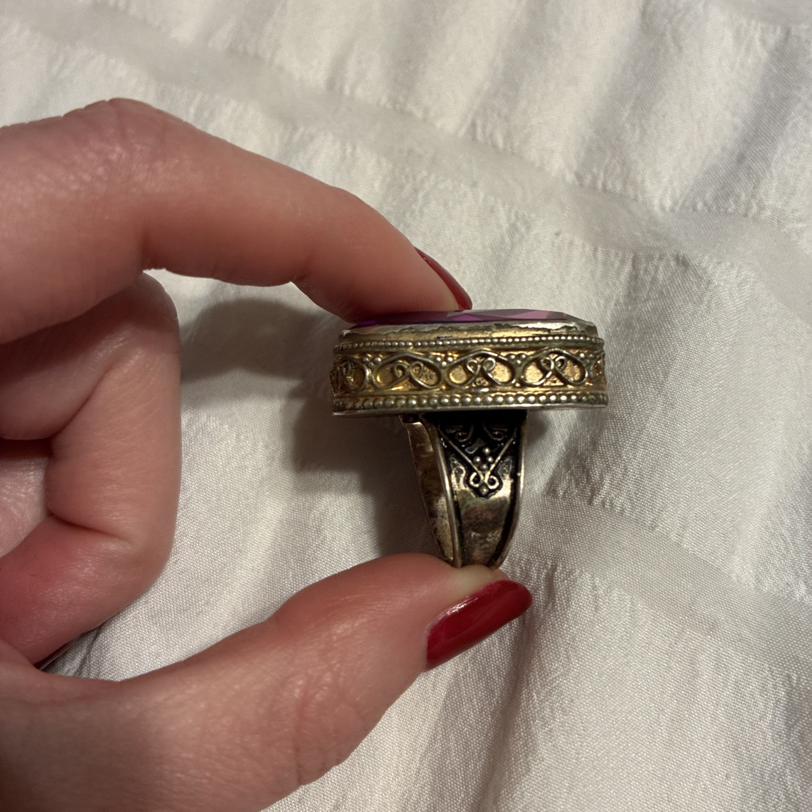 Vintage Large Purple Crystal 925 Sterling Silver Gold Ring Adjustable One Size