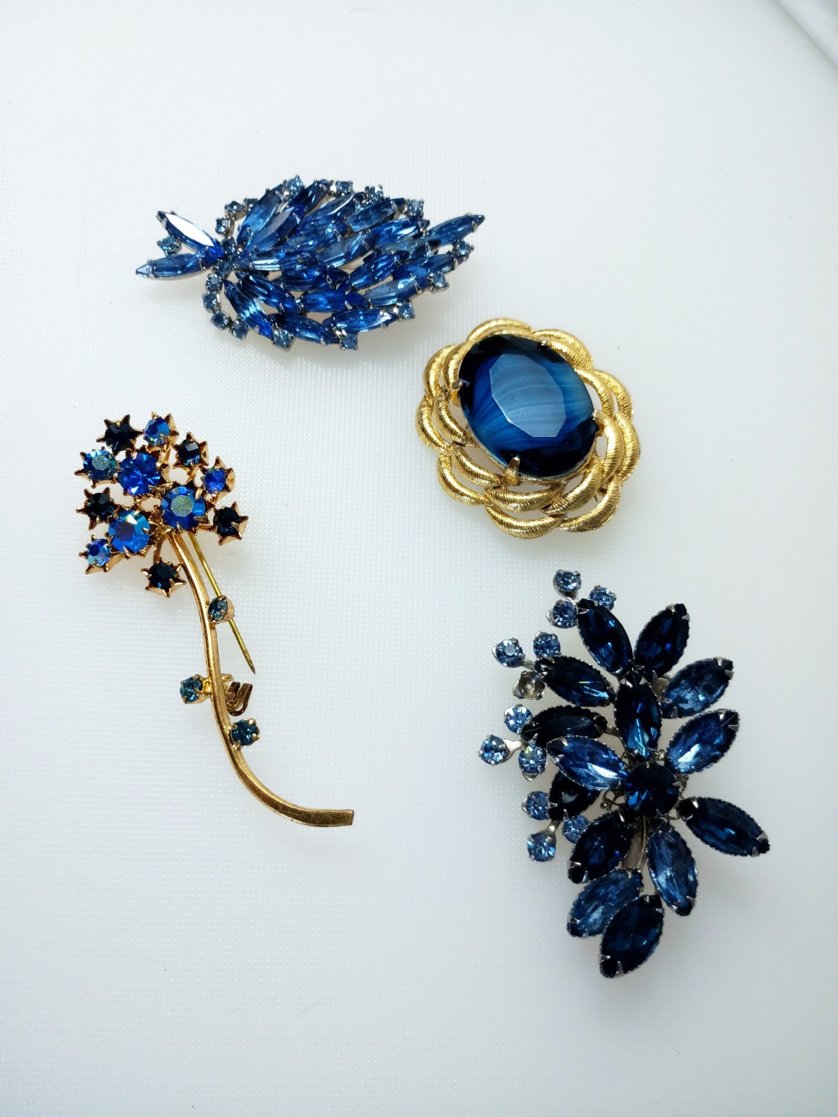 Rhinestone Costume Vintage Jewelry Lot, 4 Piece, Blue, Silver Tones, Gold Tones