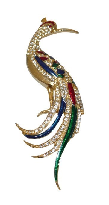 Rhinestone & Enamel Peacock Bird Brooch Red Green Purple Gold Multicolor
